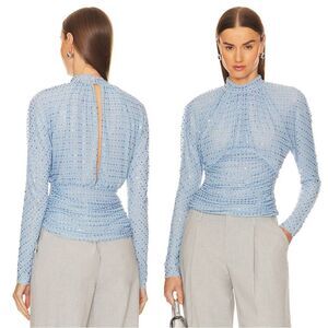 NWT Self Portrait Top Blue Rhinestone Embellished Mesh Long Sleeve size US 0